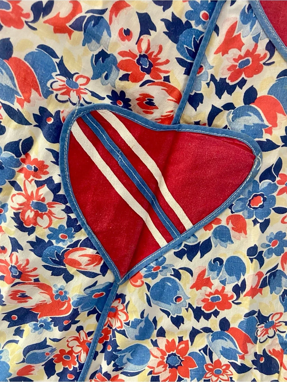 Vintage 50’s Apron with Red Heart Bib with diagonal stripes and floral apron